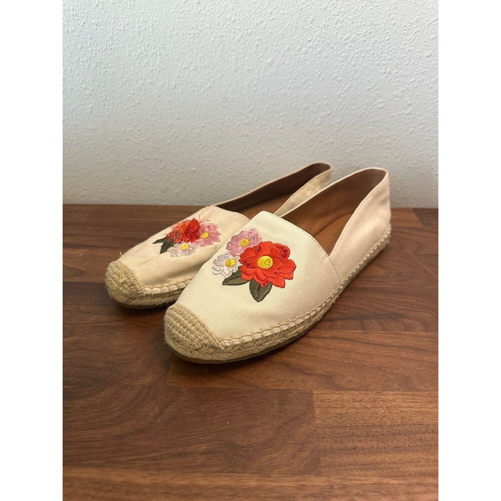 Kate Spade Cream Dahlia Espadrille Flat Loafers w Floral Embroidery Size 8